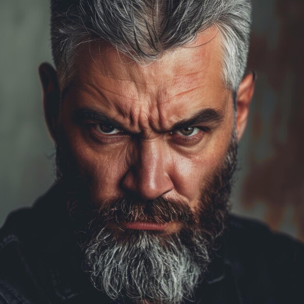 Retrato de un anciano enojado con cabello gris y barba sobre un fondo oscuro