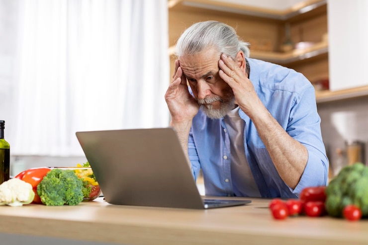 Foto retrato de un anciano estresado que usa una laptop en el interior de la cocina