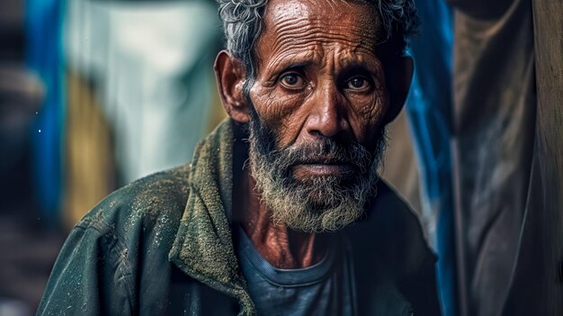 retrato de un anciano con una expresión cansada en un entorno urbano