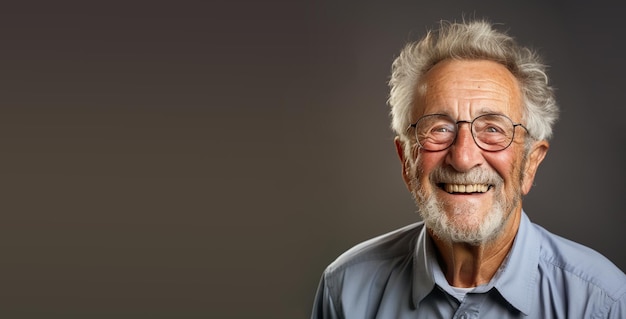 Retrato de un anciano feliz con anteojos, cara sonriente, pensionista con cabello blanco, estudio