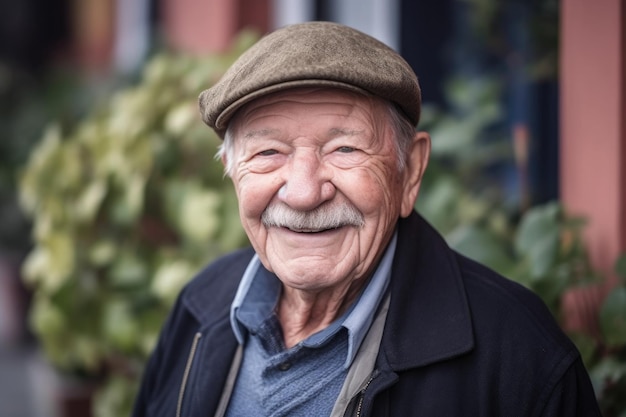 Retrato de un anciano feliz sonriendo mientras está parado afuera creado con IA generativa