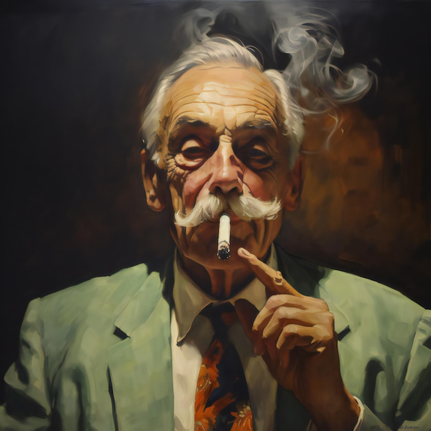 Foto retrato de un anciano fumando un cigarro en un fondo oscuro