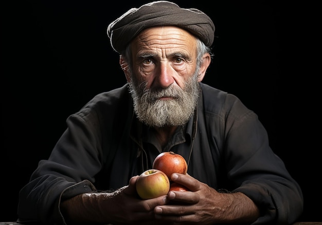 Retrato de un anciano granjero en su cocina rústica con una manzana Alimentación y vida saludable