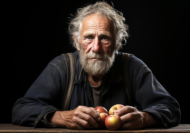 Foto retrato de un anciano granjero en su cocina rústica con una manzana alimentación y vida saludable