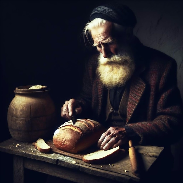 Retrato de un anciano granjero en su cocina rústica con pan en la mesa.