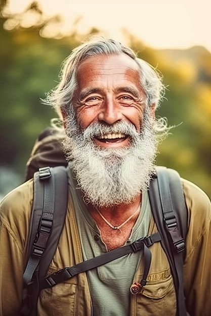 Retrato de un anciano haciendo senderismo por la montaña con una mochila mirando a la cámara y sonriendo