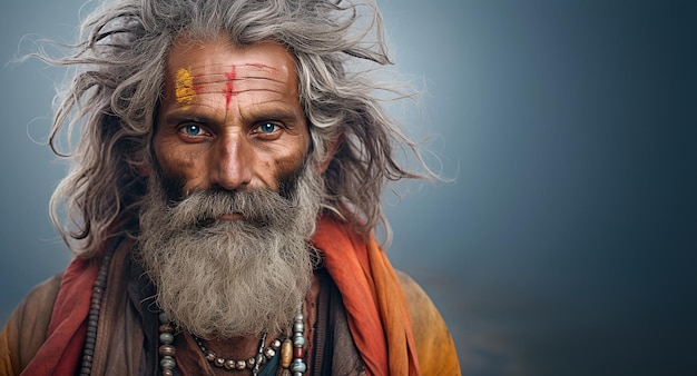 Retrato de un anciano indio barbudo con turbante naranja sobre un fondo oscuro