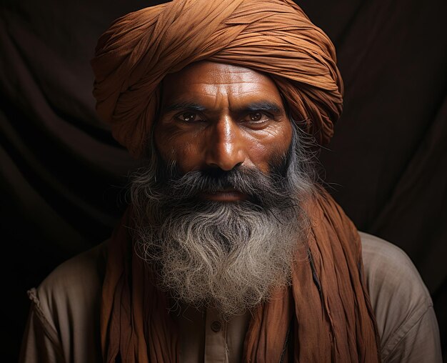 Retrato de un anciano indio barbudo con turbante naranja sobre un fondo oscuro