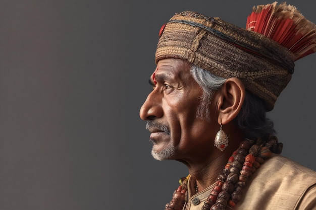 Retrato de un anciano indio con ropa tradicional y un sombrero