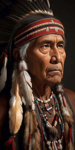 Retrato de un anciano indio con un sombrero de plumas sobre un fondo negro