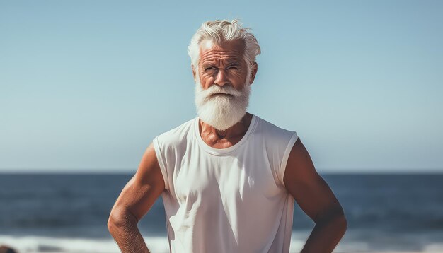 Retrato de un anciano inflado contra el fondo de la playa