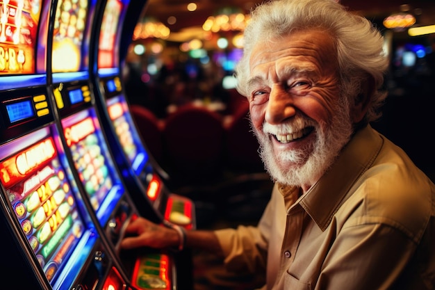 retrato de un anciano jugador jugando a las máquinas tragamonedas en un casino en Las Vegas abuela adicta a las máquinas de frutas emocionada