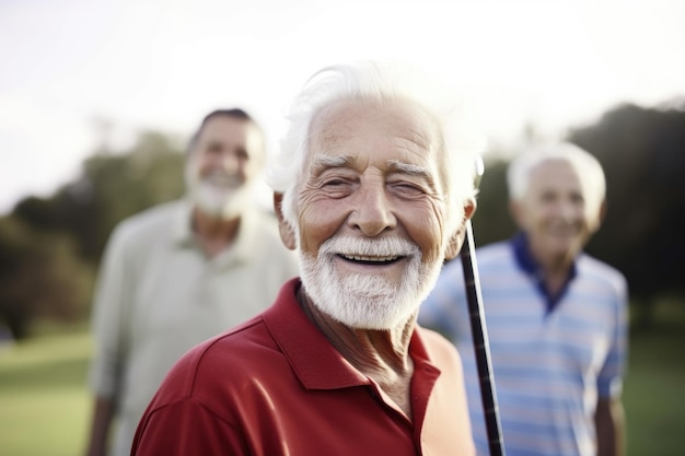 Retrato de un anciano jugando golf con amigos creado con IA generativa