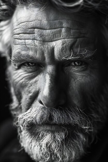 Retrato de un anciano con larga barba y bigote en blanco y negro