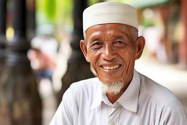 Retrato de un anciano malayo sonriente con kufi