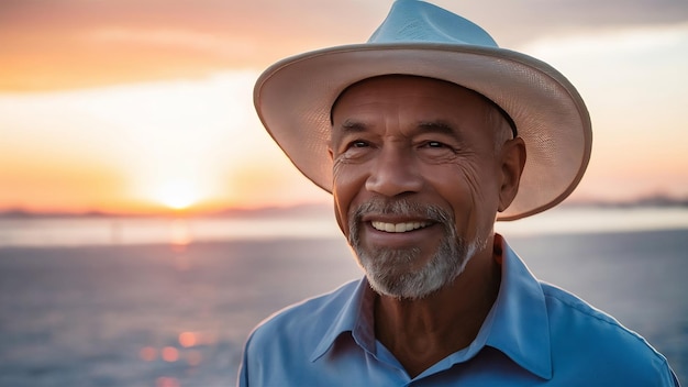 Retrato de un anciano negro brasileño con sombrero blanco mirando un punto en la puesta de sol y sonriendo