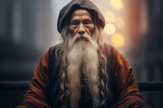Foto retrato de un anciano oriental de la zona rural con barba blanca y cabello muy largo