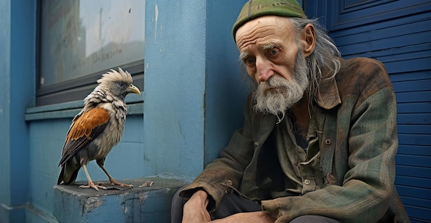 Retrato de un anciano con un pájaro en la mano.