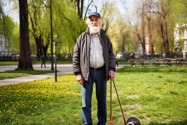 Retrato de un anciano parado en el parque con un detector de metales creado con IA generativa