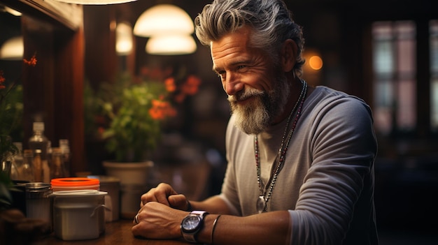 Retrato de un anciano en ropa deportiva escuchando música con auriculares en una cafetería.