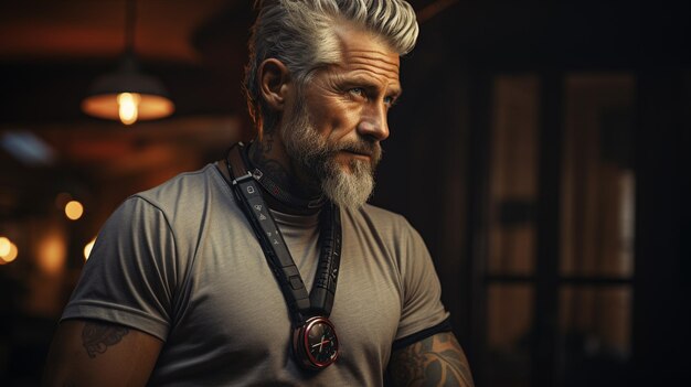 Retrato de un anciano en ropa deportiva escuchando música con auriculares en una cafetería.