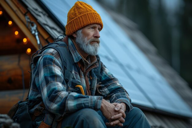 Retrato de un anciano con ropa de otoño cerca de su casa privada Hay una batería solar cerca