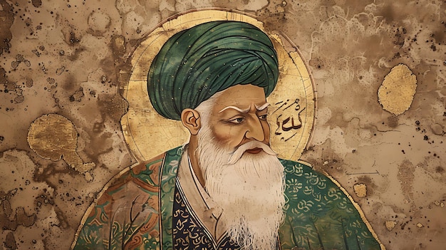Foto retrato de un anciano sabio con una larga barba blanca y un turbante verde. el fondo es un halo dorado con caligrafía árabe.