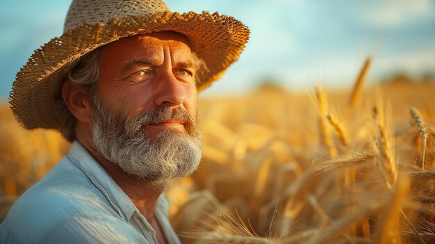 Retrato de un anciano con sombrero de paja en un campo de trigo al atardecer