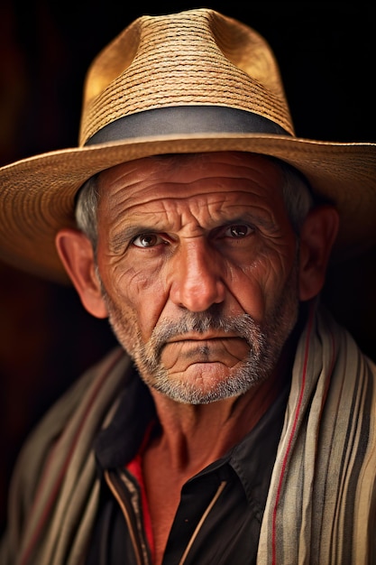 Retrato de un anciano con sombrero de paja mirando a la cámara