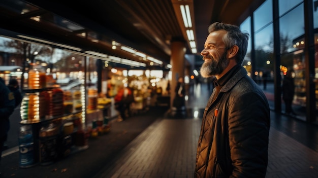 Retrato de un anciano sonriente caminando por la ciudad por la noche de pie en la estación de autobuses