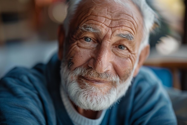 Retrato de un anciano en un suéter azul mirando el fondo de la cámara borrosa foto de alta calidad