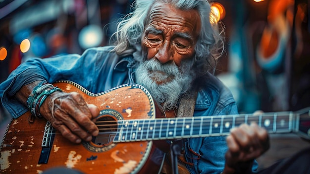 Retrato de un anciano tocando la guitarra en un mercado callejero