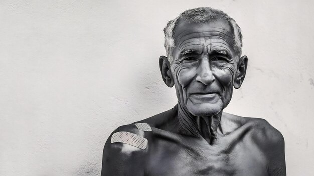 Foto retrato de un anciano con una venda en un hombro aislado sobre un fondo blanco