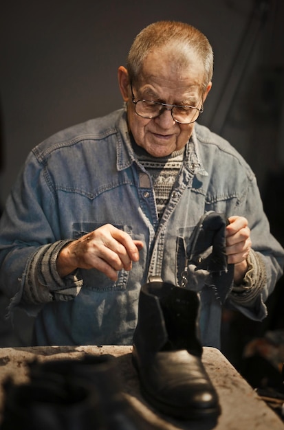 Foto retrato de un anciano zapatero en su taller