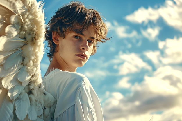 Foto retrato de un ángel con alas y una mirada penetrante contra el fondo del cielo