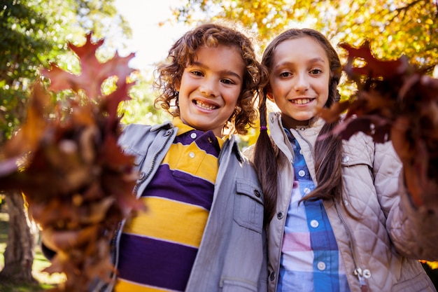 Retrato de ángulo bajo de hermanos mostrando hojas de otoño