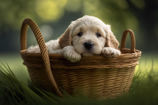 Retrato de animal blanco de cachorro adorable lindo en una cesta IA generativa de campo de hierba de verano