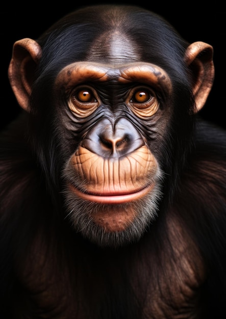 Retrato animal de un chimpancé africano sobre un fondo oscuro conceptual para el marco