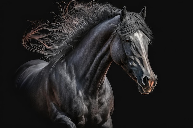 Retrato animal de um grande e belo cavalo dançante isolado em um fundo cinza escuro criado com generativo ai