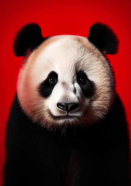 Foto retrato animal de um panda em um fundo vermelho conceitual para moldura