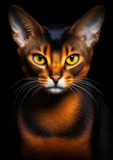 Retrato animal de un gato abisinio sobre un fondo negro conceptual para el marco