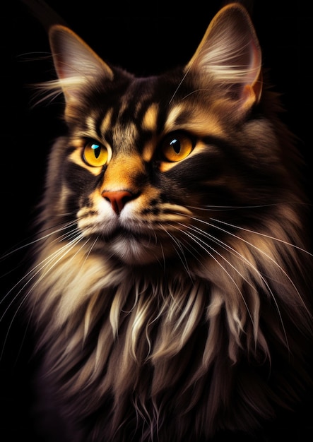 Retrato animal de un gato maine coon sobre un fondo negro conceptual para el marco