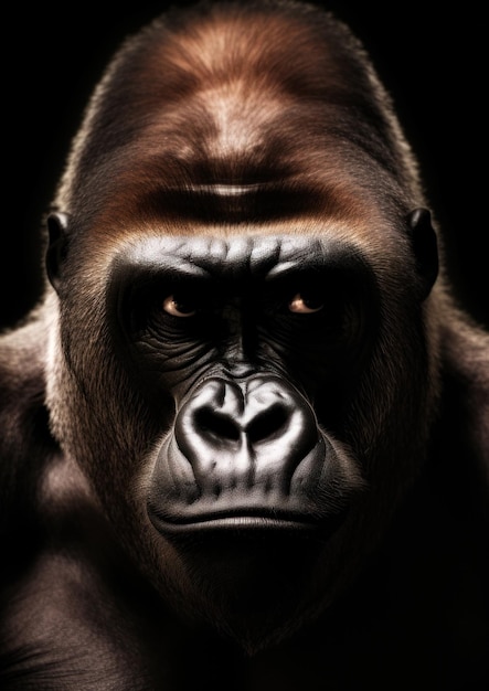 Retrato animal de un gorila sobre un fondo oscuro conceptual para marco