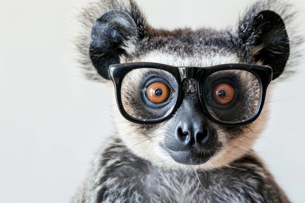 Retrato de un animal lindo con gafas sobre un fondo blanco perfecto para anuncios ópticos