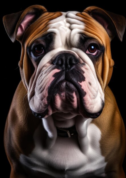 Foto retrato animal de un perro bulldog sobre un fondo negro conceptual para el marco