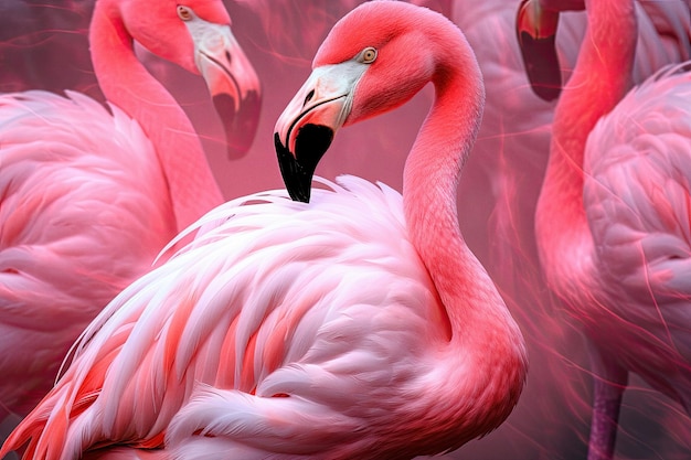 Retrato de animal de primer plano de flamencos rosados