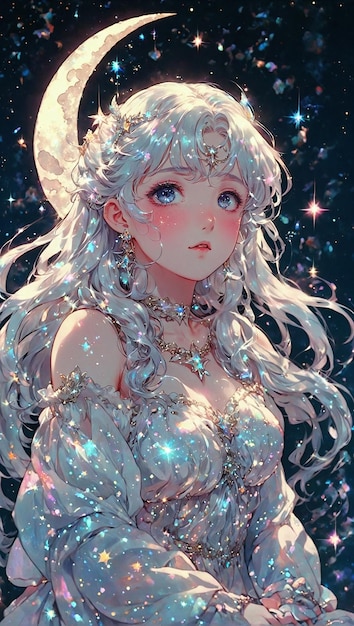 Retrato Anime Doncella Celestial com Cabello Plateado Luminiscente Posada em uma Luna Creciente