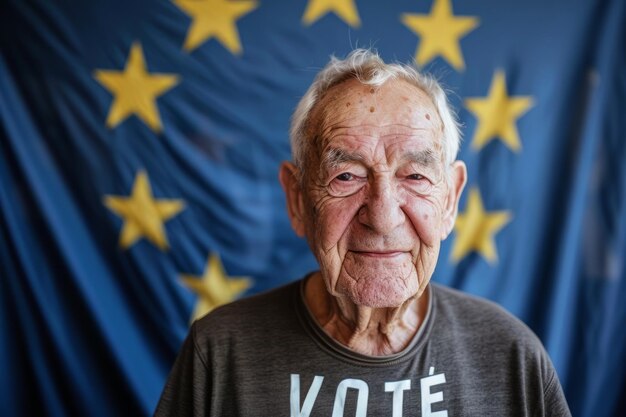 Foto un retrato de un antiguo retrato de votante de las elecciones europeas frente a la bandera de la unión europea