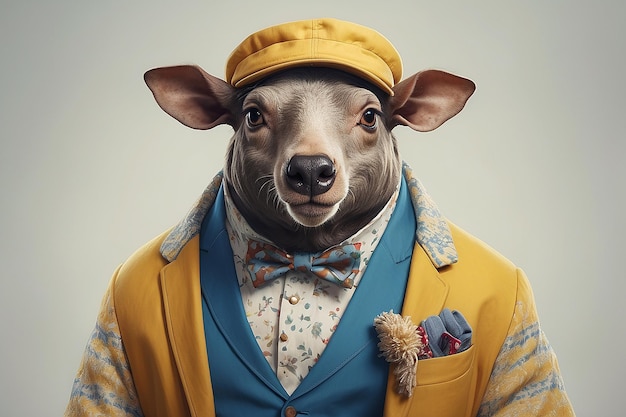 Retrato antropomórfico de animal vestido com roupas humanas fazendo atividades diárias