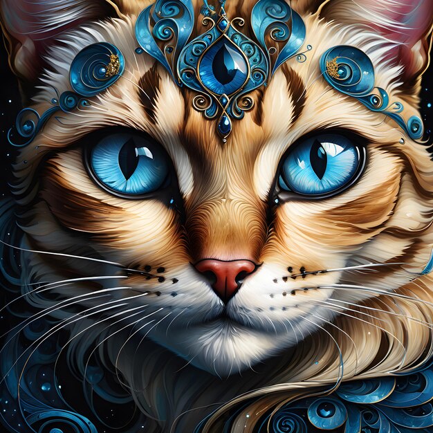 El retrato antropomórfico del gato retrata una figura felina con impresionantes grandes ojos azules que exudan ser